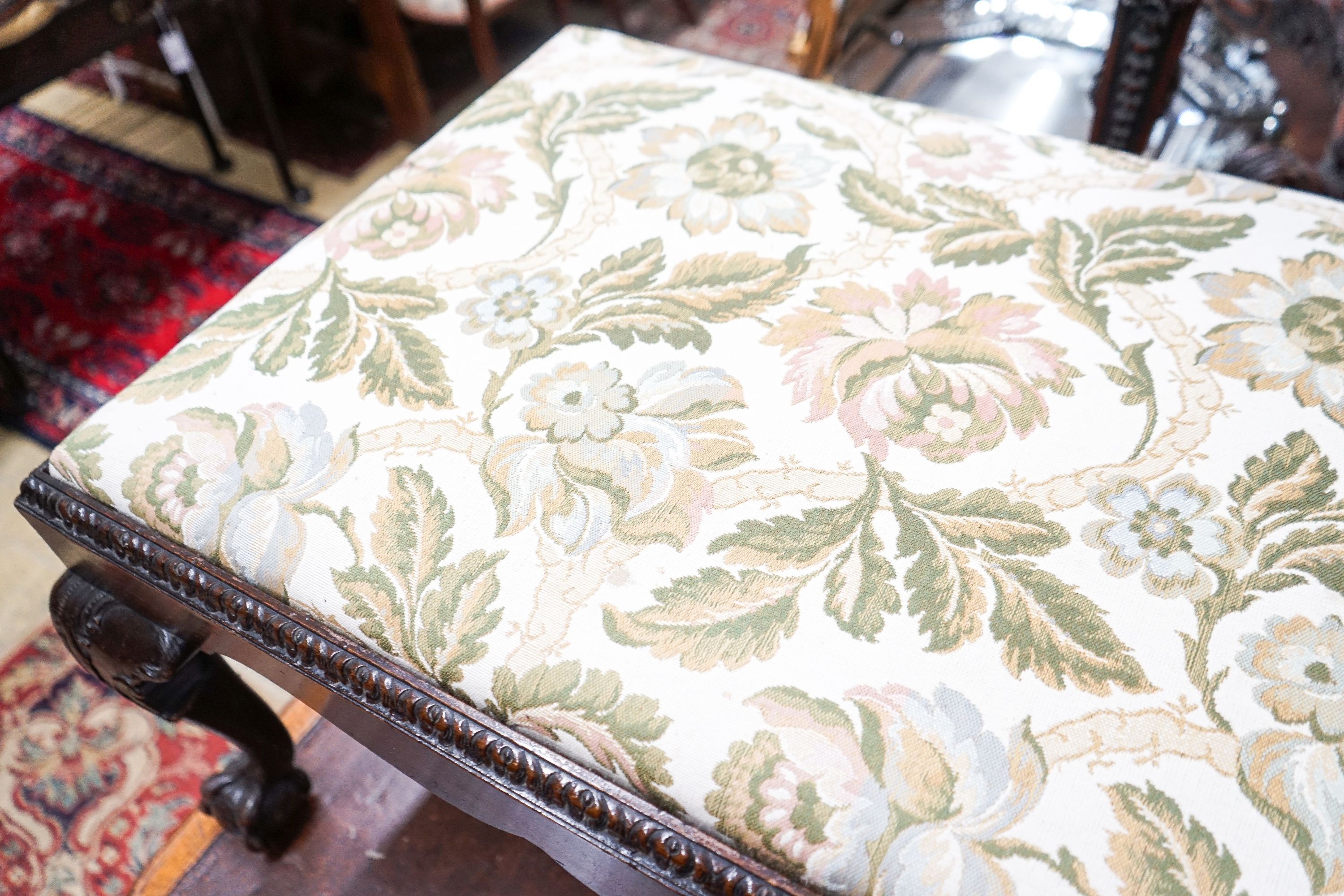 A Chippendale revival rectangular mahogany stool, width 90cm, depth 60cm, height 43cm